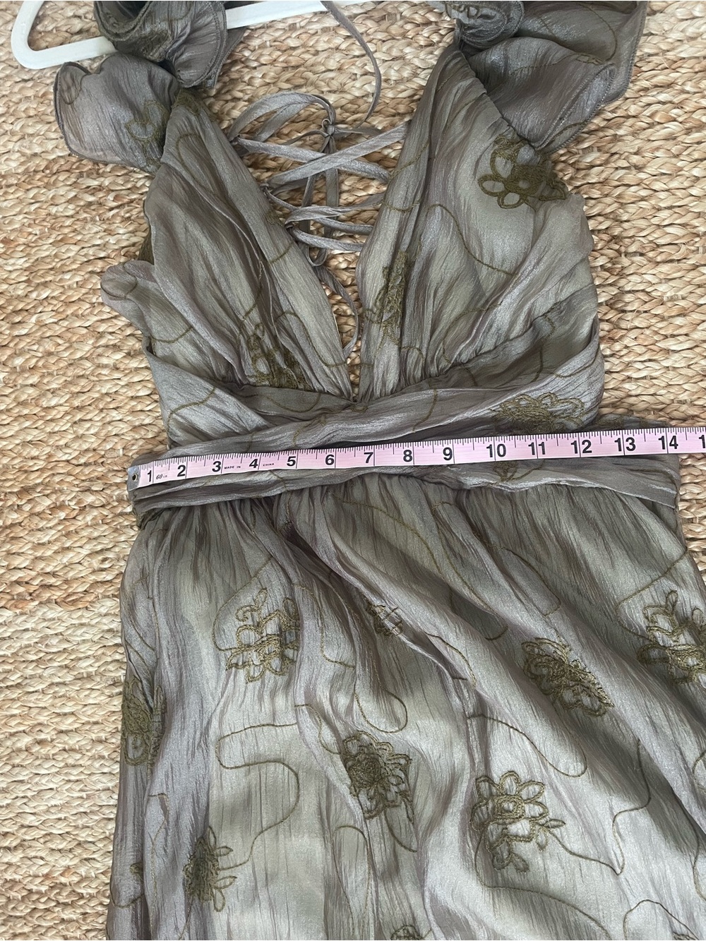 Storia Backless Corset Ruffled Maxi Dress in Olive-Taupe-Gold Wedding Guest READ - Picture 10 of 13